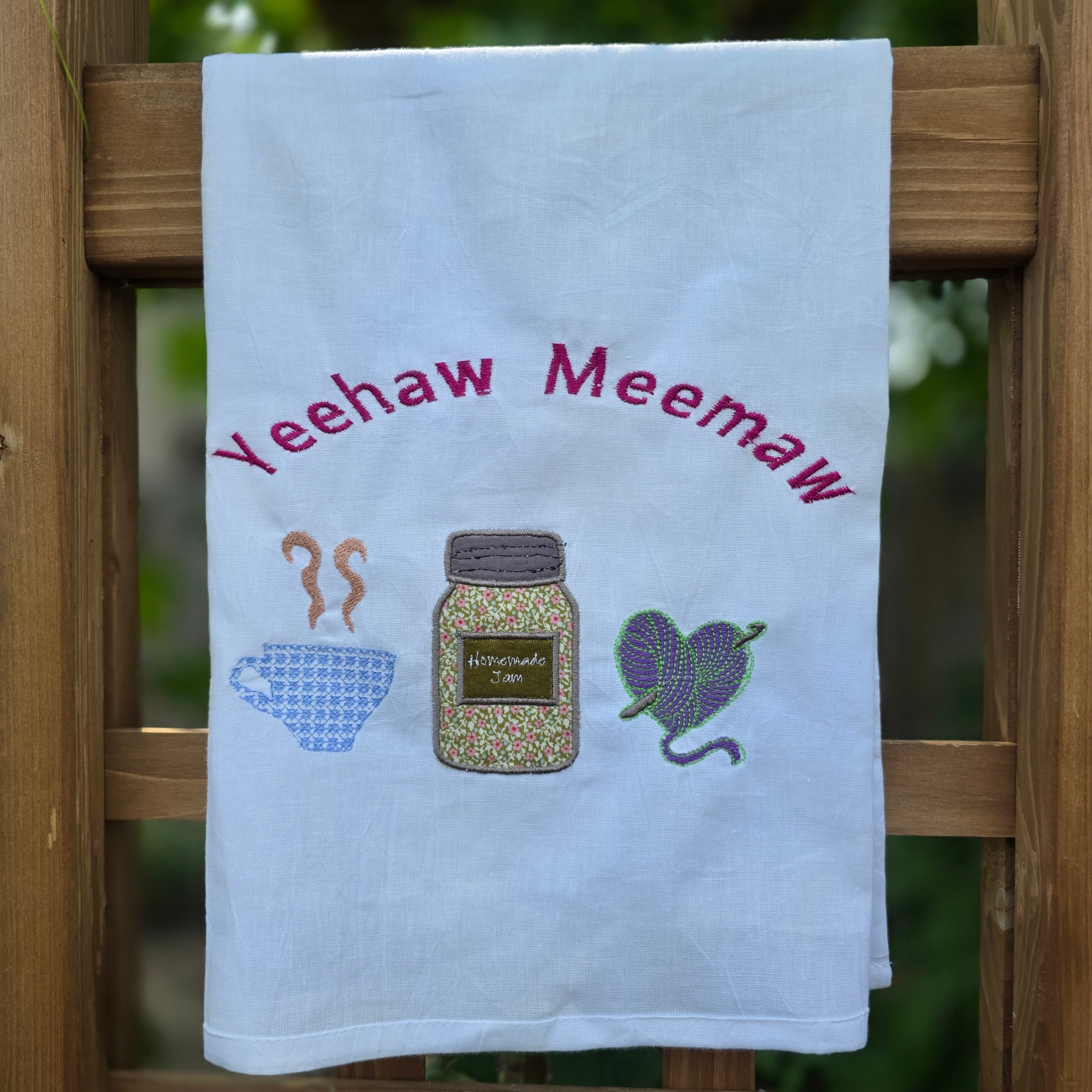 Grandma Energy Flour Sack Towel, Meemaw Vibes Embroidered Kitchen Towel, Yeehaw Meemaw Applique, Grandmacore Gift for Gardener Canner