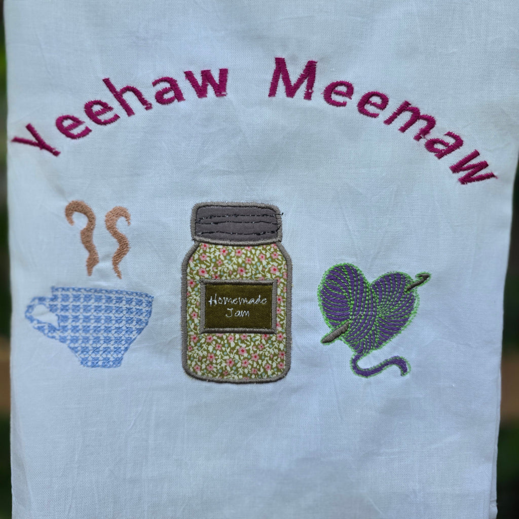Grandma Energy Flour Sack Towel, Meemaw Vibes Embroidered Kitchen Towel, Yeehaw Meemaw Applique, Grandmacore Gift for Gardener Canner