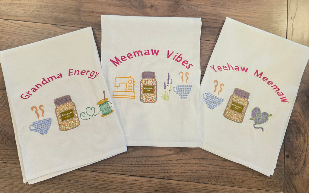 Grandma Energy Flour Sack Towel, Meemaw Vibes Embroidered Kitchen Towel, Yeehaw Meemaw Applique, Grandmacore Gift for Gardener Canner