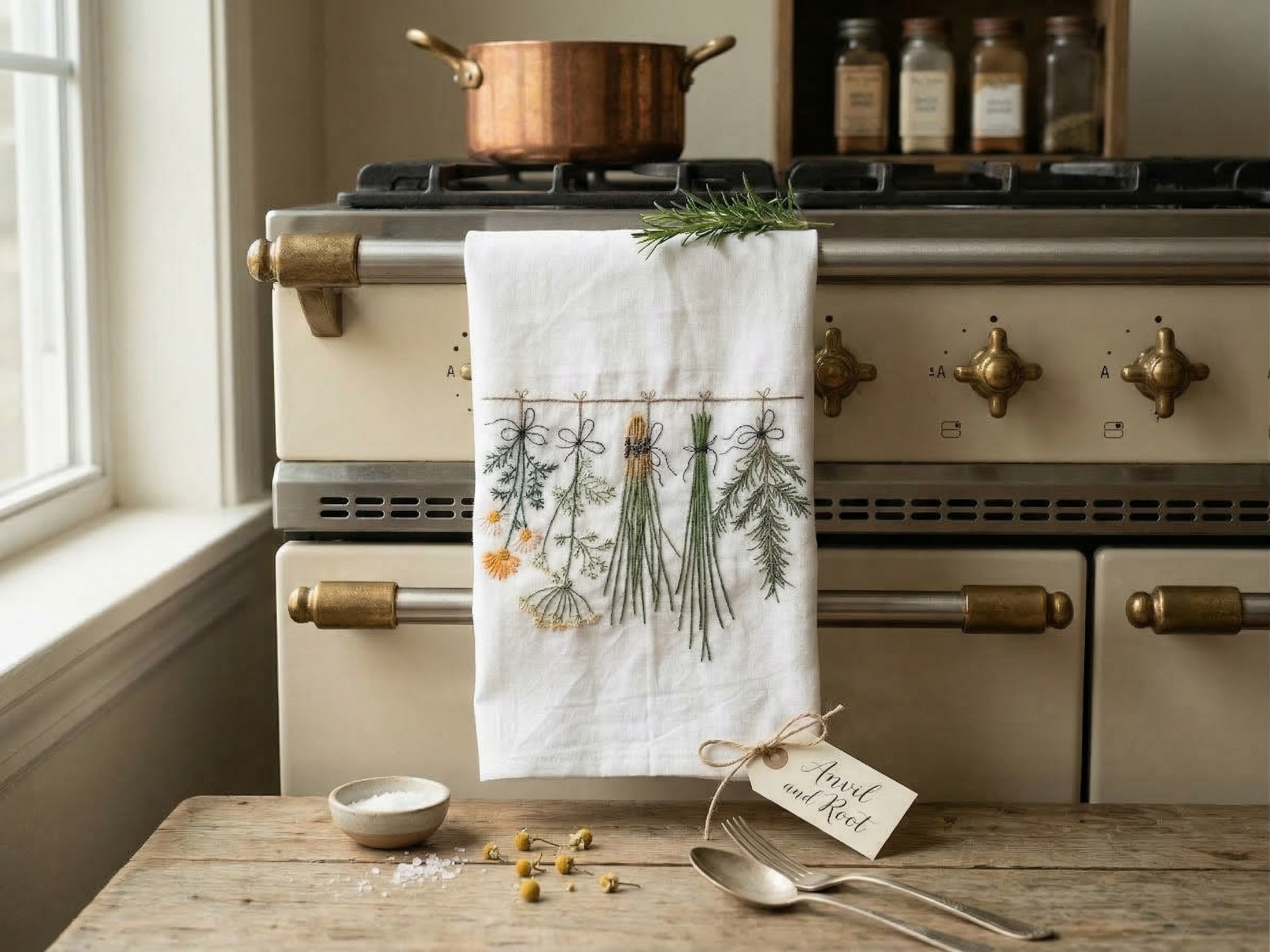 Embroidered Herb Kitchen Towel — Handmade
